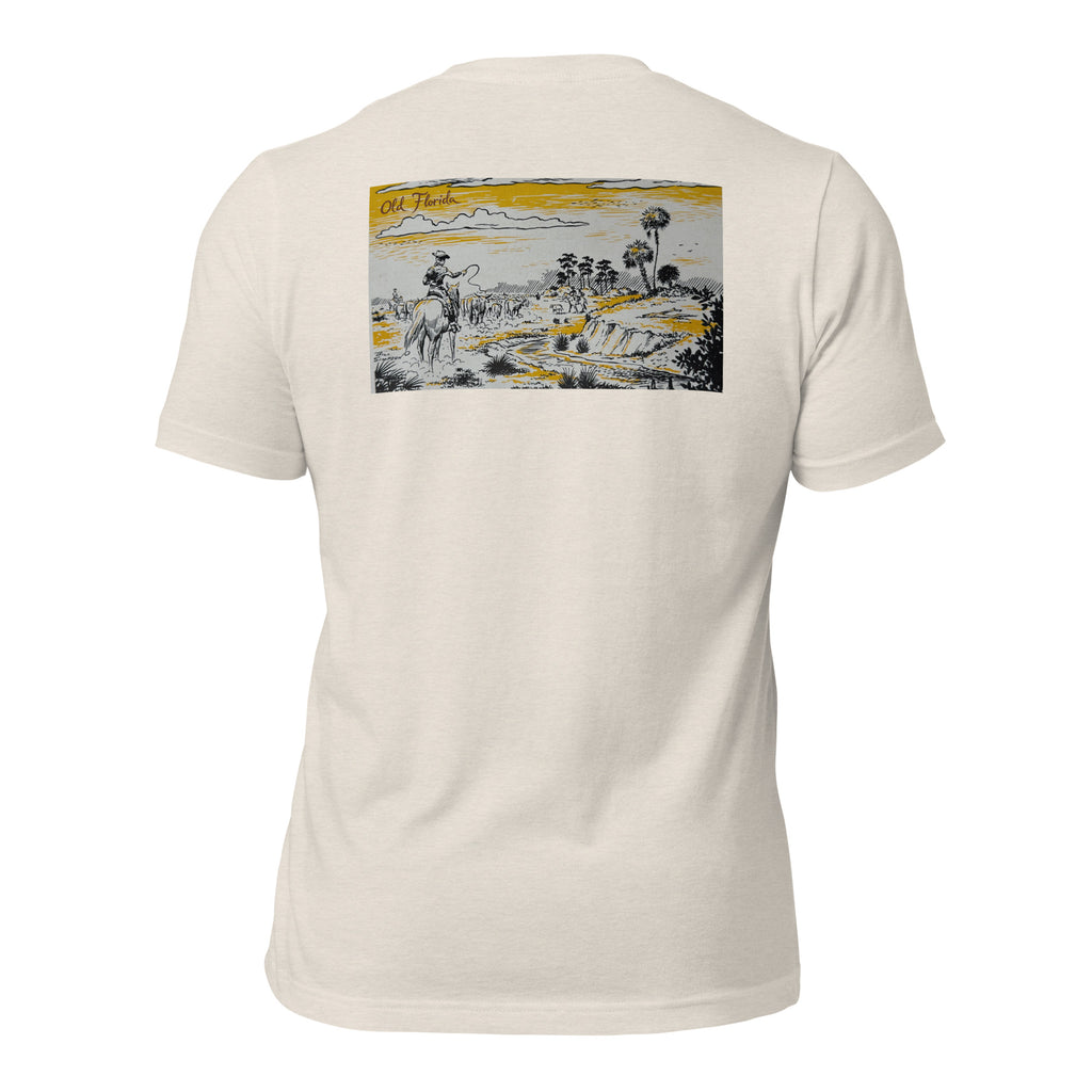 Yellow River graphic tee in Heather Dust, back view — Pistolero Clásico