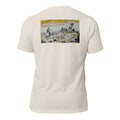 Yellow River graphic tee in Heather Dust, back view — Pistolero Clásico