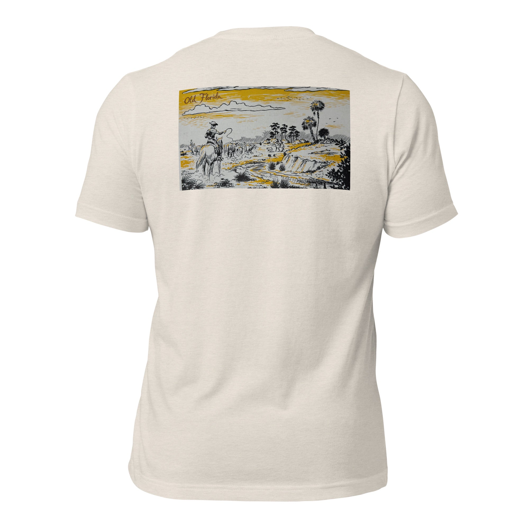 Yellow River graphic tee in Heather Dust, back view — Pistolero Clásico