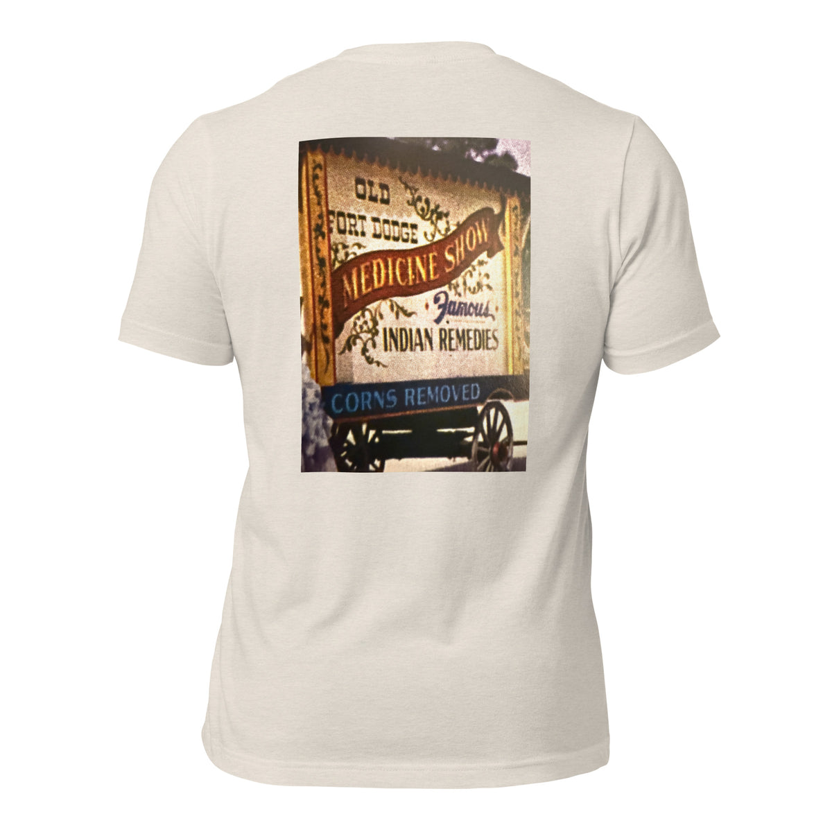 Medicine Show heather dust tee — back graphic print — Pistolero Clásico