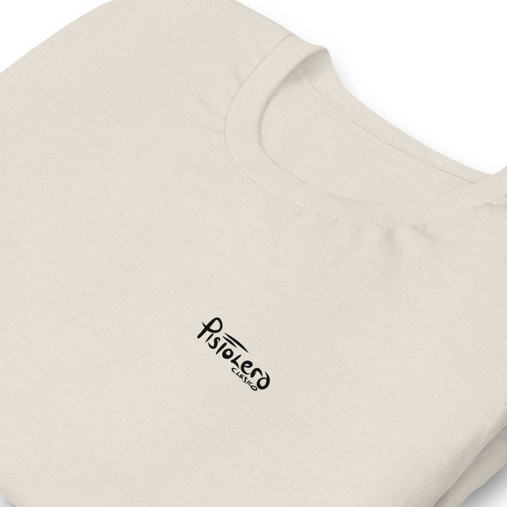 Yellow River Heather Dust tee, Pistolero Clásico logo detail — Pistolero Clásico