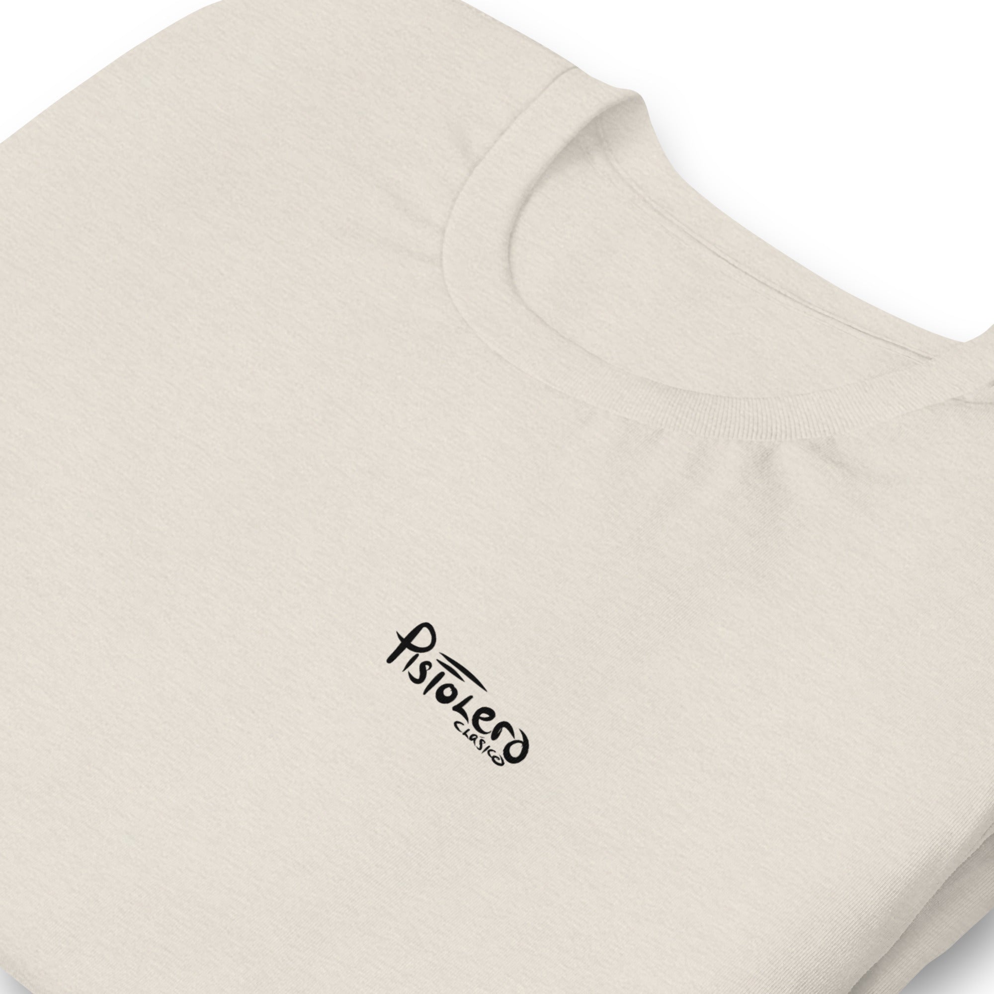 Yellow River Heather Dust tee, Pistolero Clásico logo detail — Pistolero Clásico
