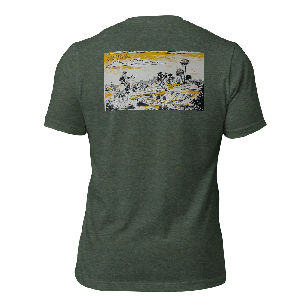 Yellow River graphic tee in Heather Forest, back view — Pistolero Clásico