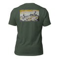 Yellow River graphic tee in Heather Forest, back view — Pistolero Clásico