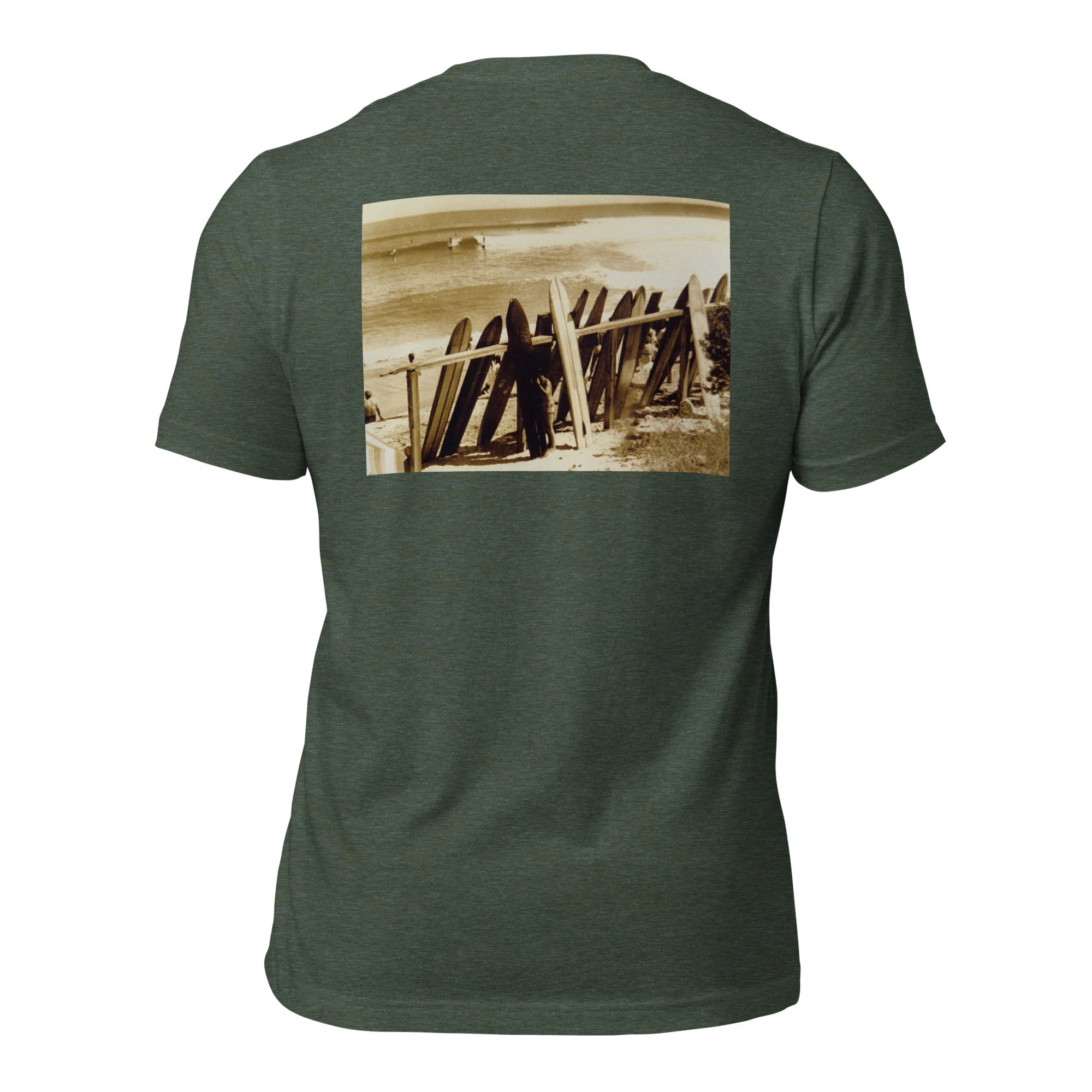 Da Bu graphic tee in Heather Forest, back view — Pistolero Clásico