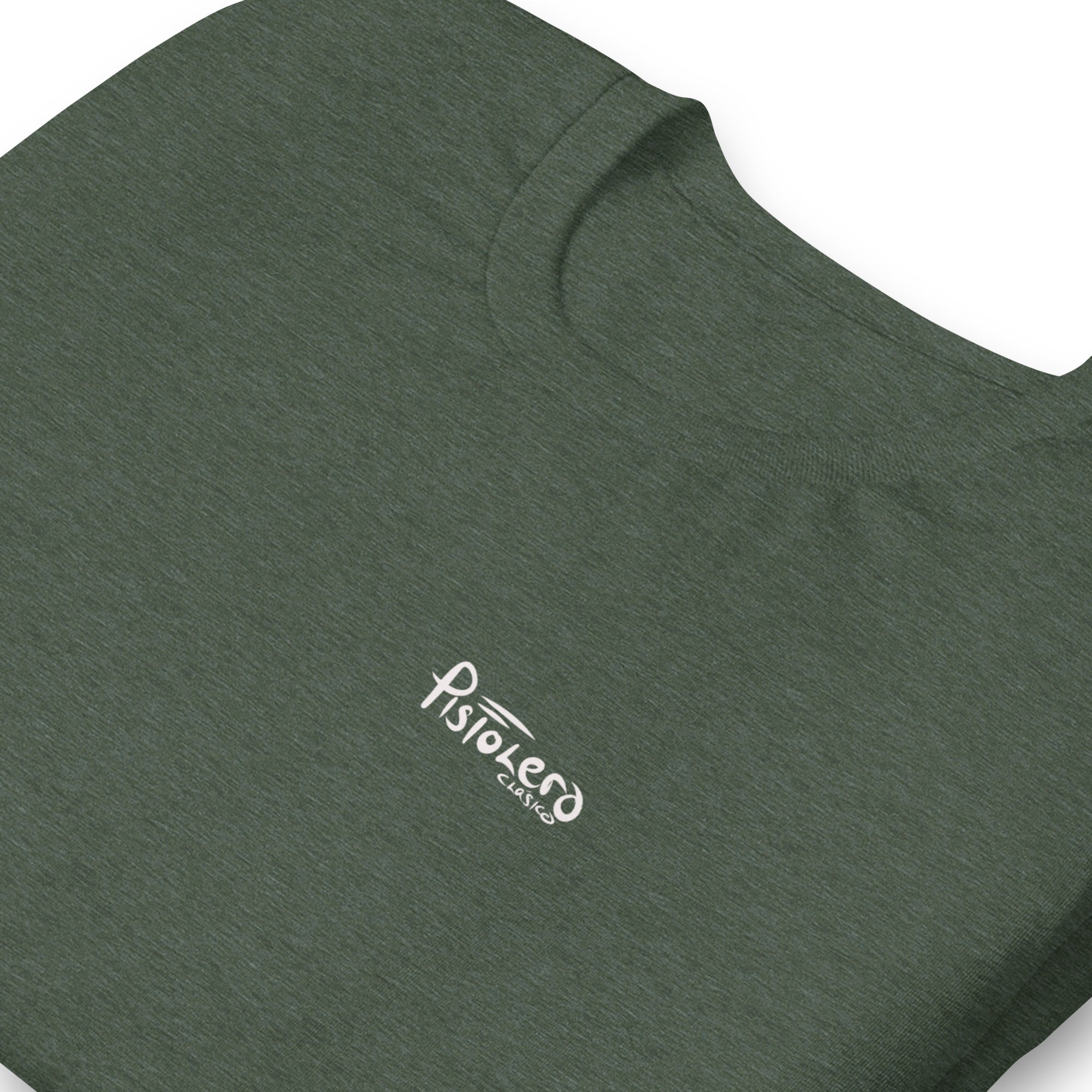 Yellow River Heather Forest tee, Pistolero Clásico logo detail — Pistolero Clásico