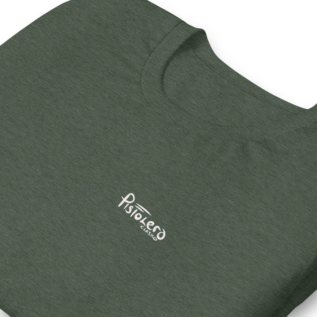 Da Bu Heather Forest tee, Pistolero Clásico logo detail — Pistolero Clásico