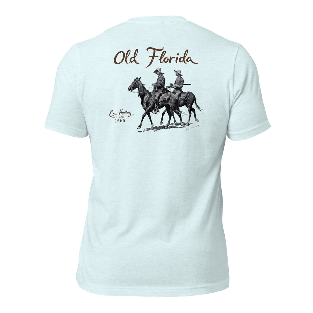 Cow Hunters heather ice blue tee — back graphic print — Pistolero Clásico