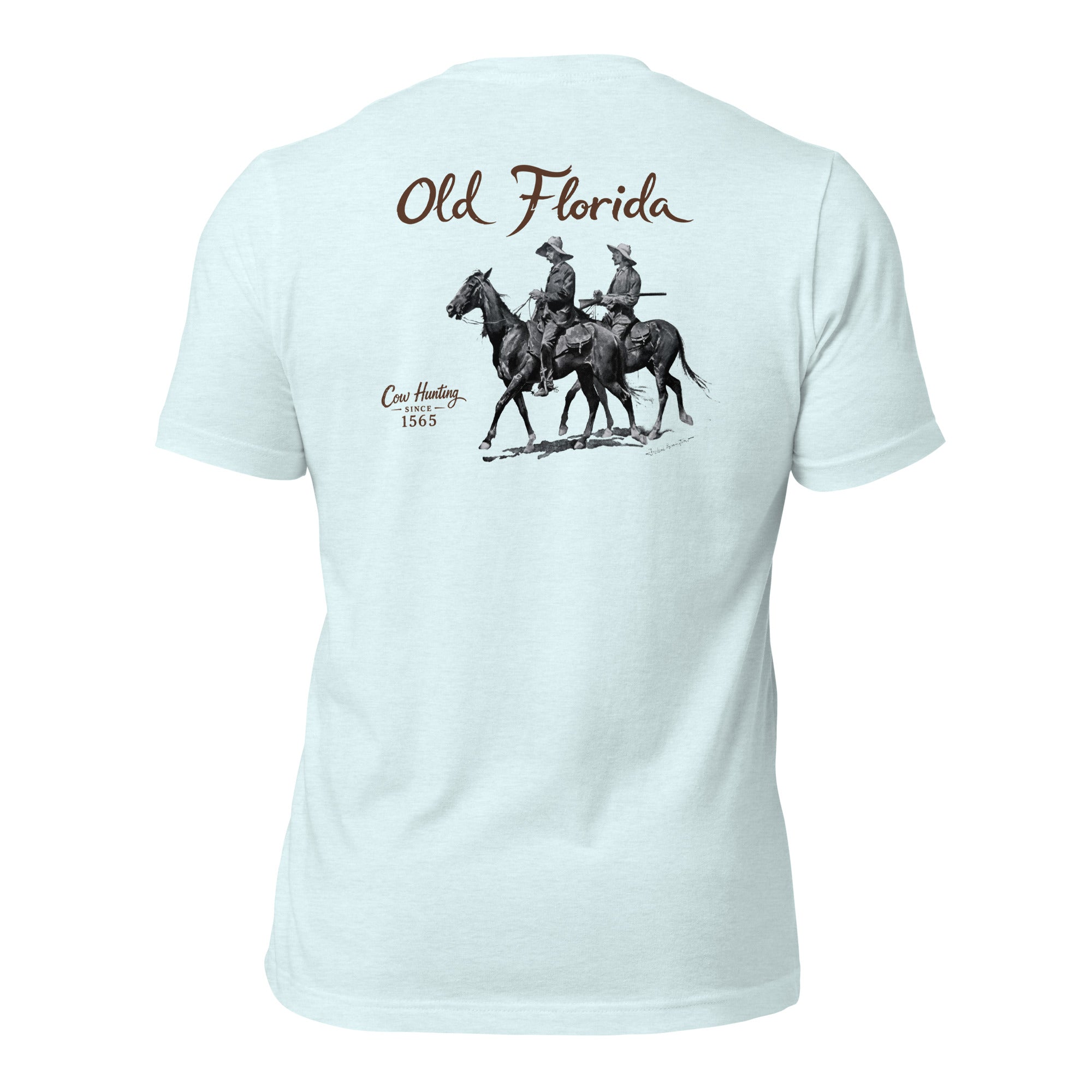 Cow Hunters heather ice blue tee — back graphic print — Pistolero Clásico