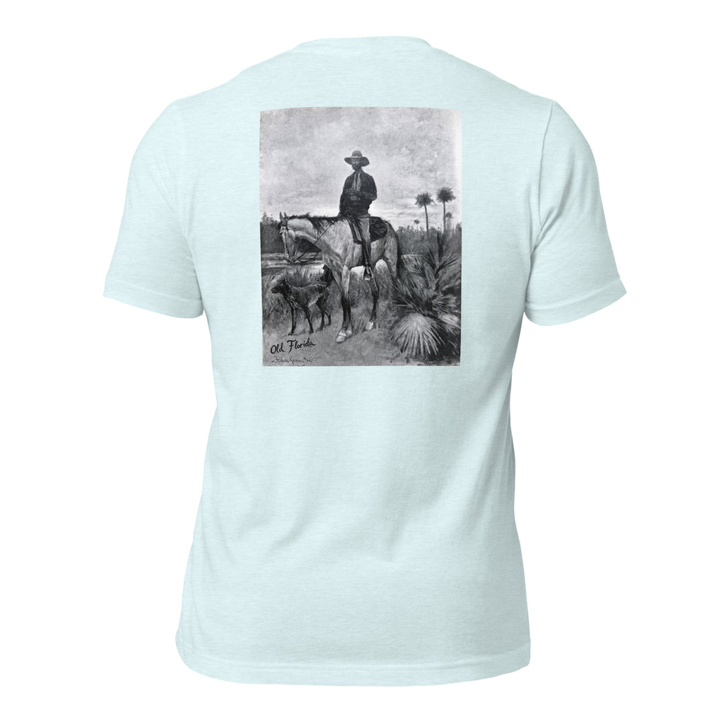 Ole Bone graphic tee in Heather Ice Blue, back view — Pistolero Clásico