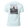 Ole Bone graphic tee in Heather Ice Blue, back view — Pistolero Clásico