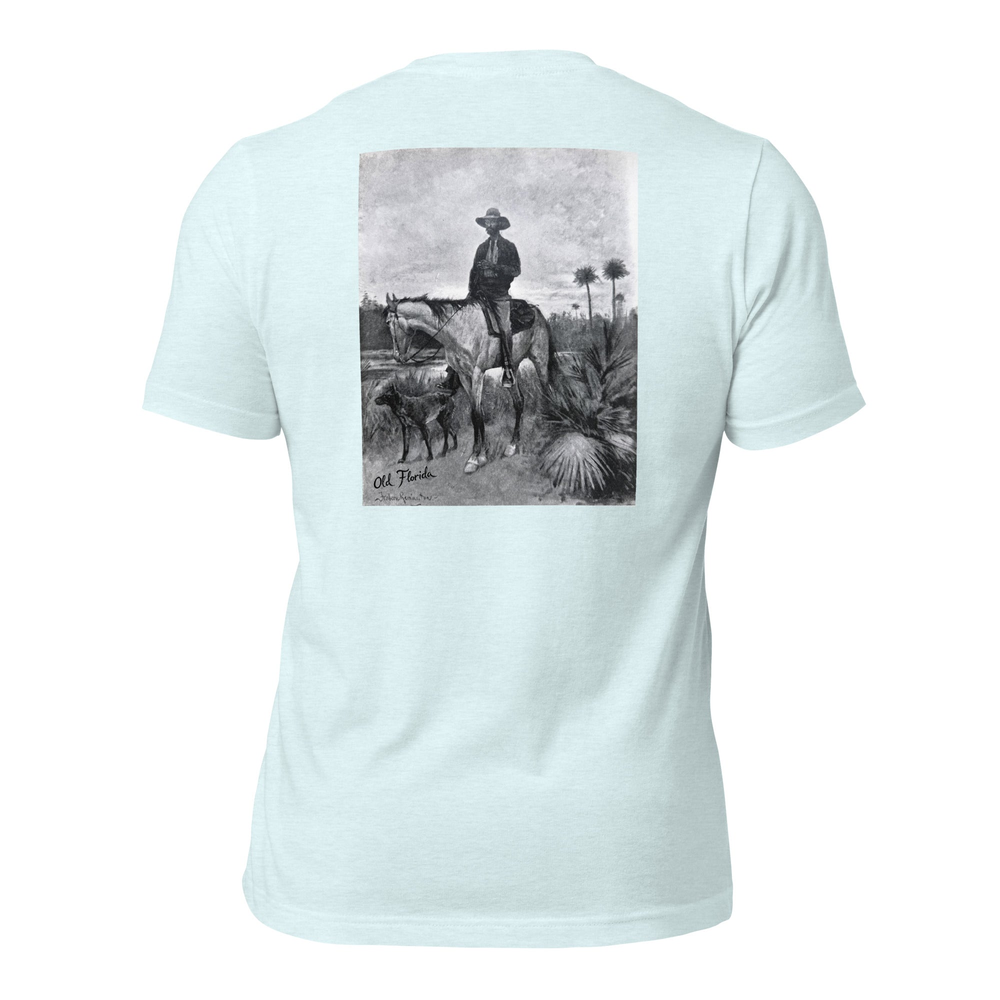 Ole Bone graphic tee in Heather Ice Blue, back view — Pistolero Clásico