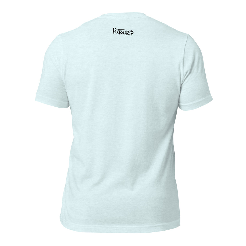 Summer heather ice blue tee — back Pistolero Clásico logo — Pistolero Clásico