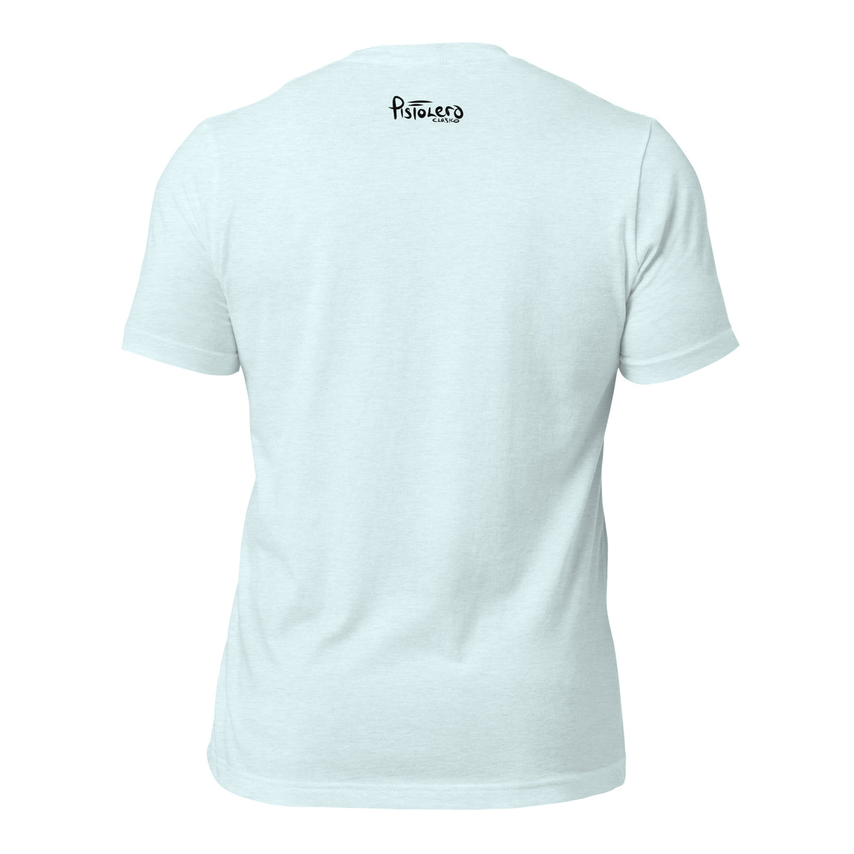 Summer heather ice blue tee — back Pistolero Clásico logo — Pistolero Clásico