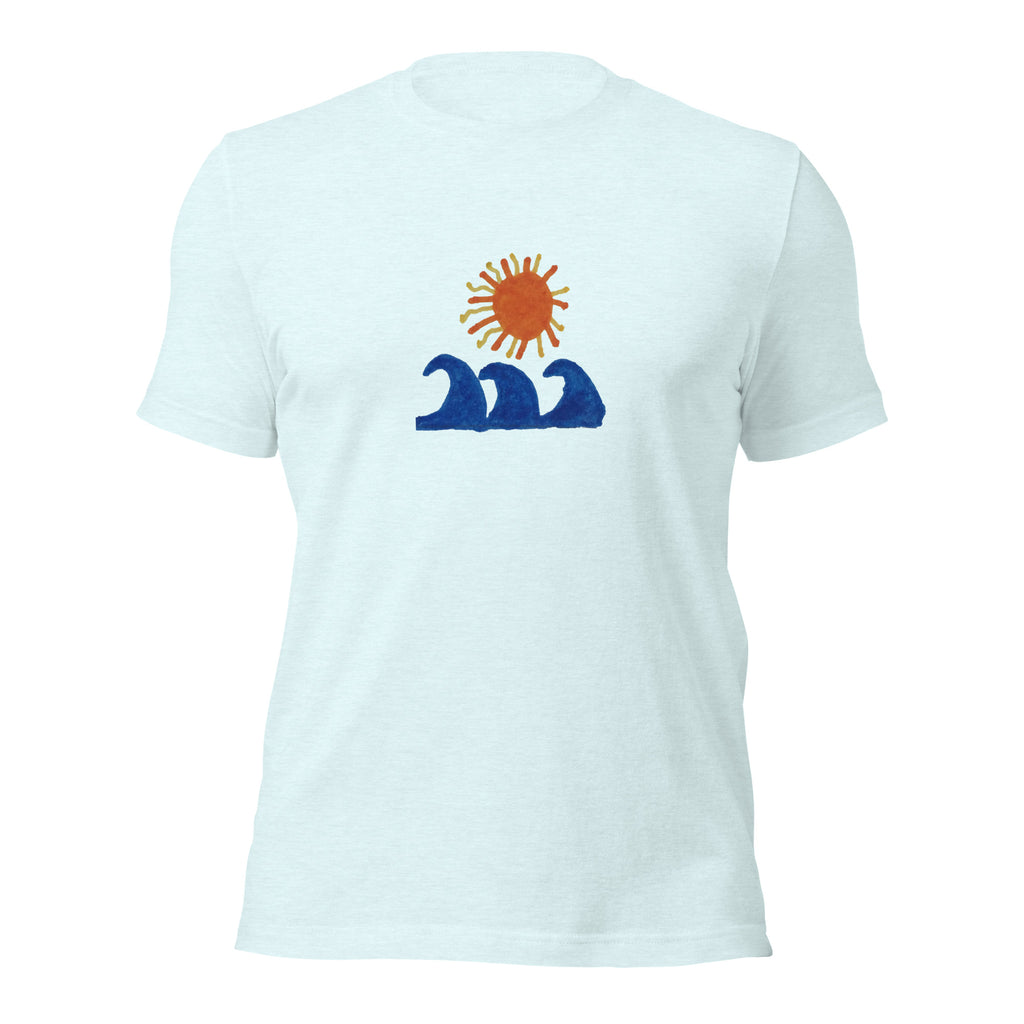 Summer heather ice blue tee — front graphic print detail — Pistolero Clásico
