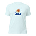Summer heather ice blue tee — front graphic print detail — Pistolero Clásico