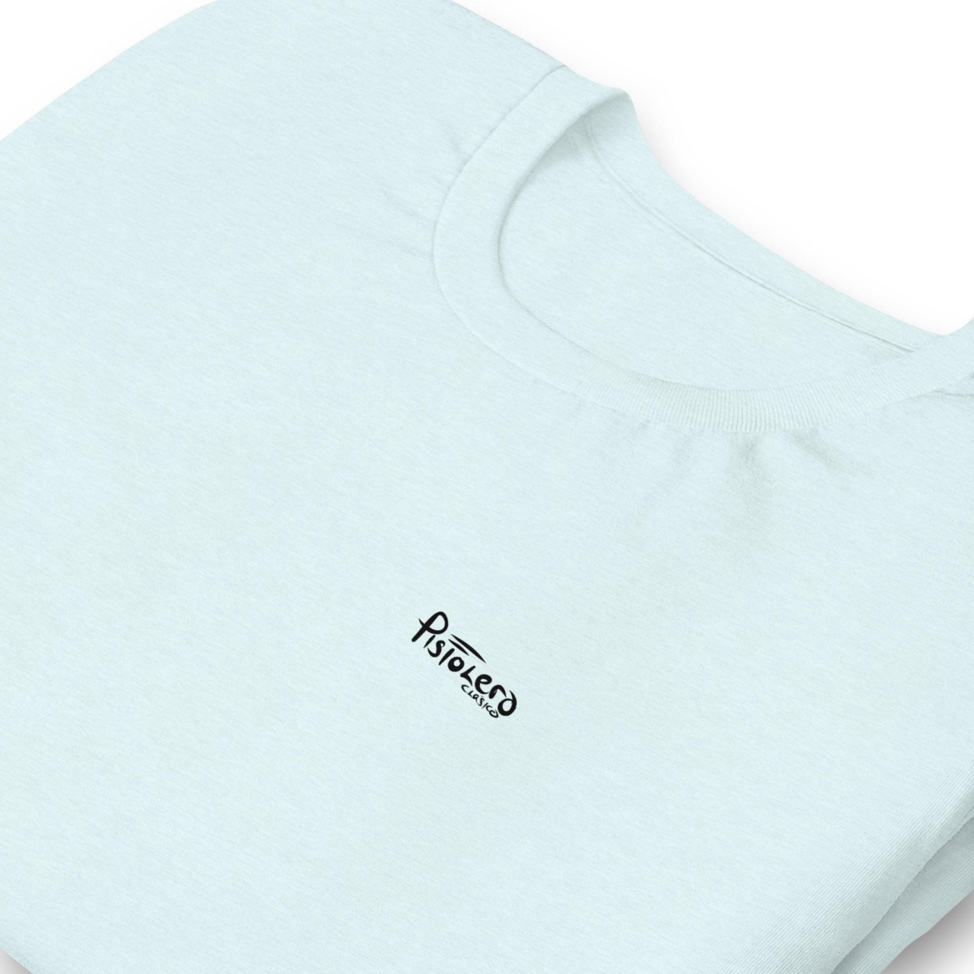 Cow Hunters heather ice blue tee — front Pistolero Clásico logo — Pistolero Clásico