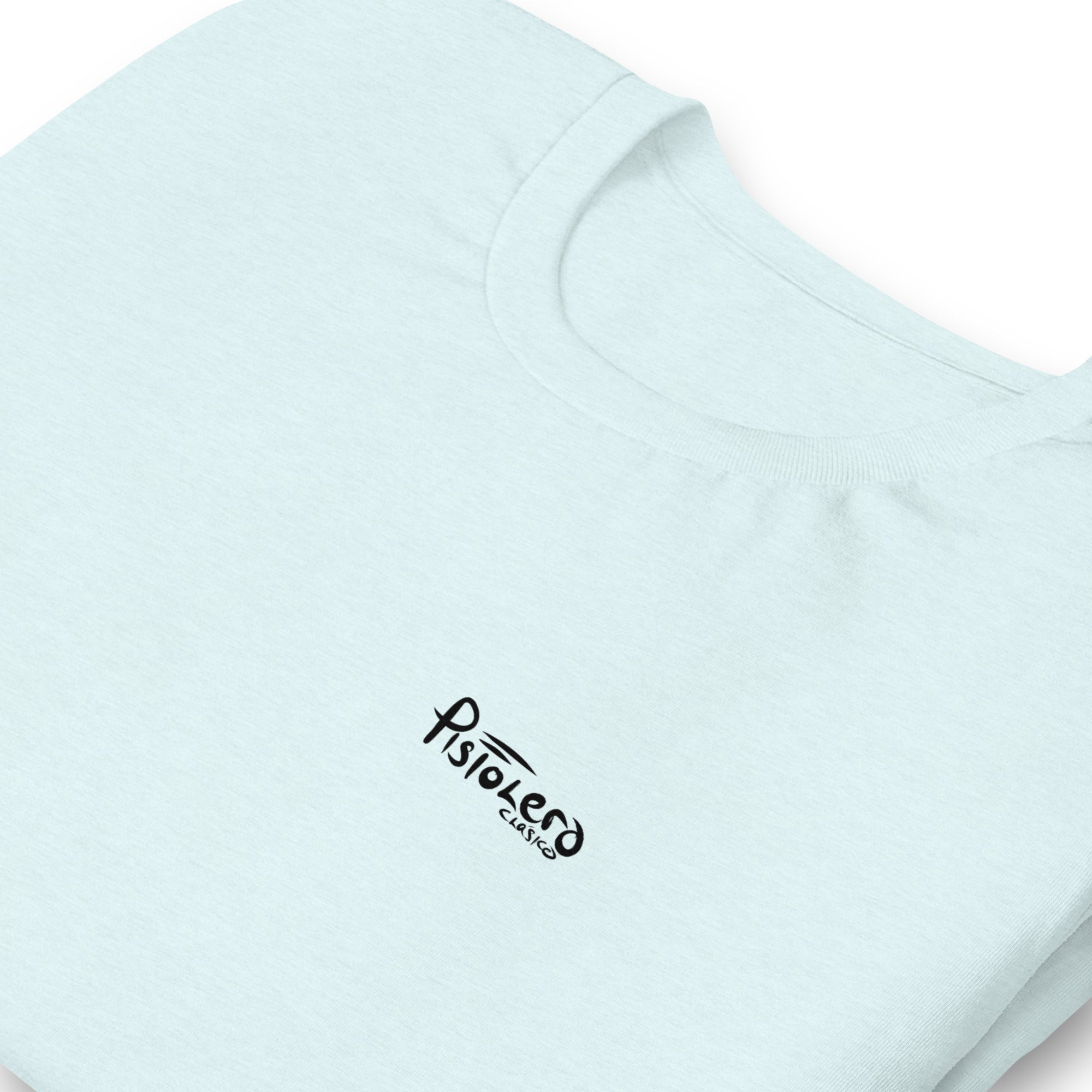 Ole Bone Heather Ice Blue tee, Pistolero Clásico logo detail — Pistolero Clásico