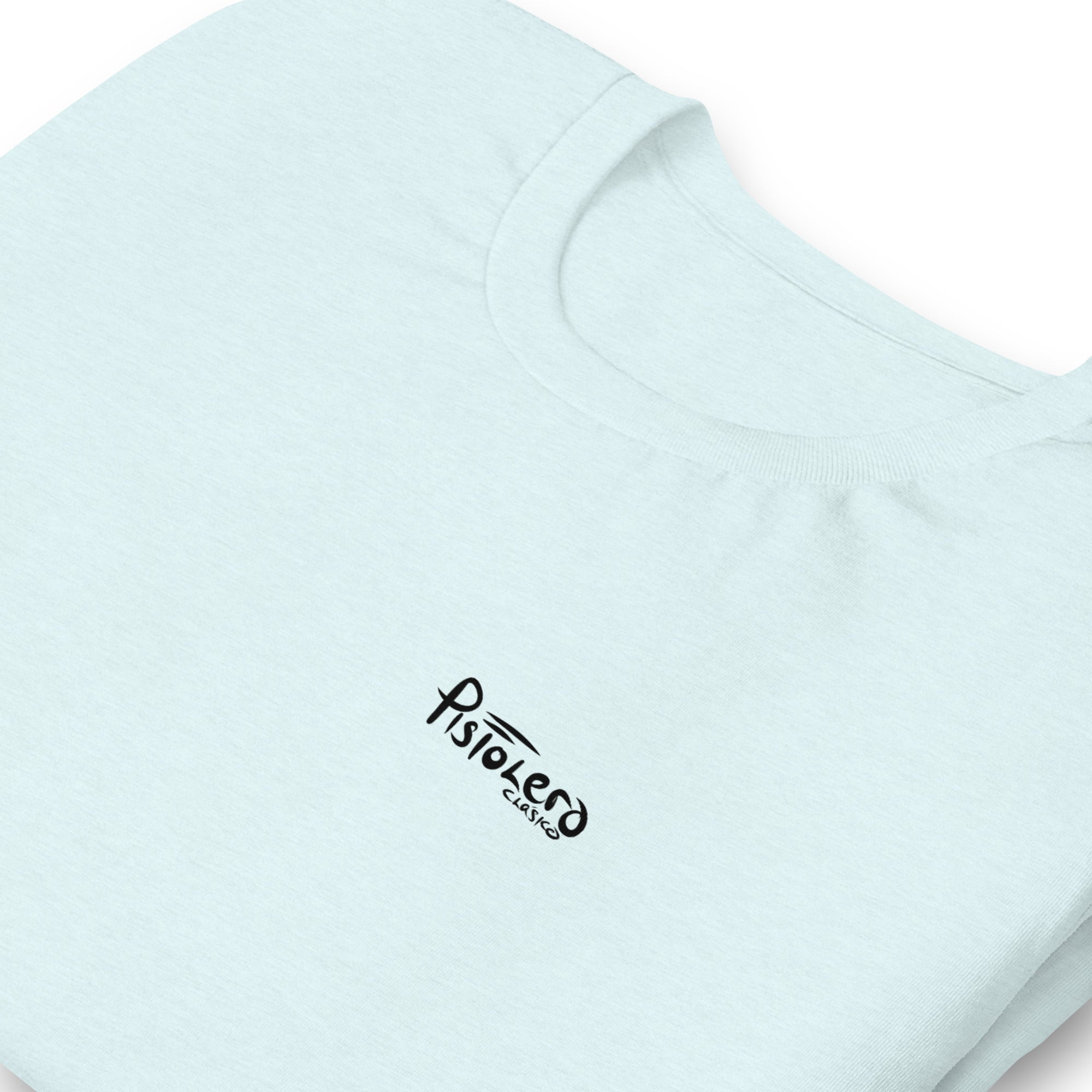 Clyde Keys heather ice blue tee — front Pistolero Clásico logo — Pistolero Clásico