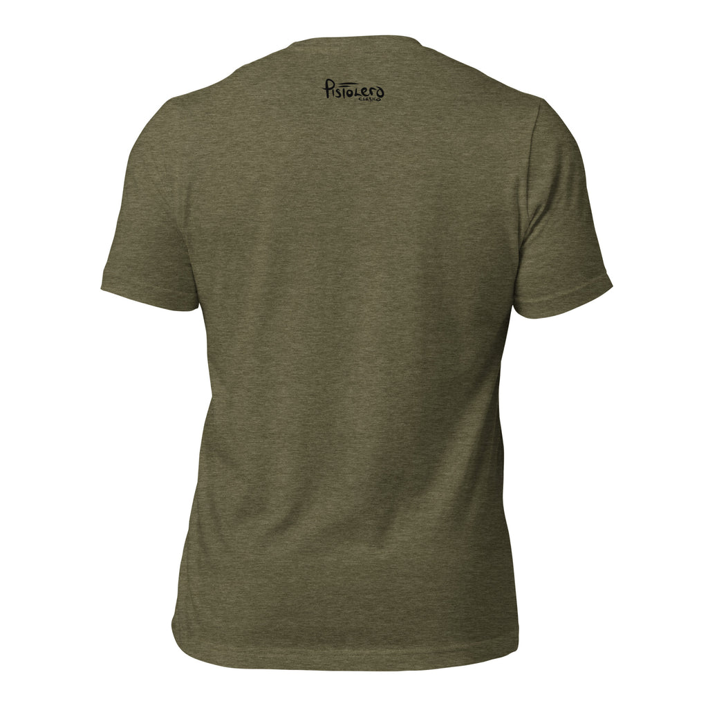 Motorboat Boys heather olive tee — back Pistolero Clásico logo — Pistolero Clásico