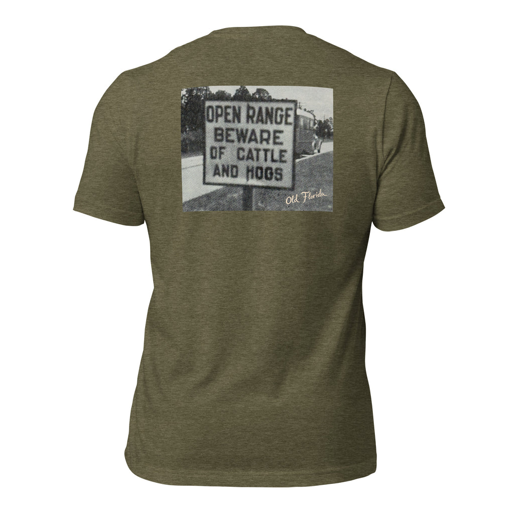 Open Range graphic tee in Heather Olive, back view — Pistolero Clásico