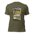 Motorboat Boys heather olive tee — front graphic print — Pistolero Clásico