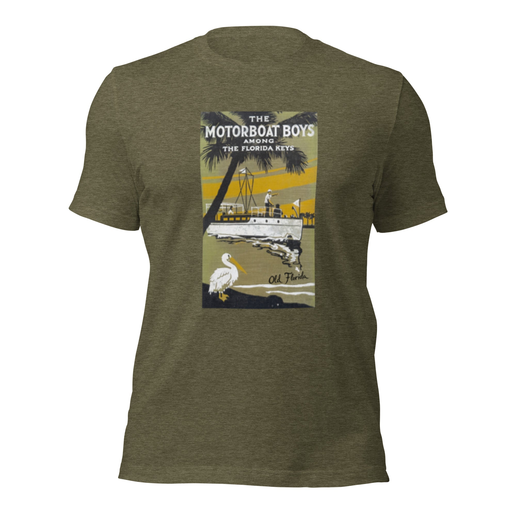 Motorboat Boys heather olive tee — front graphic print — Pistolero Clásico