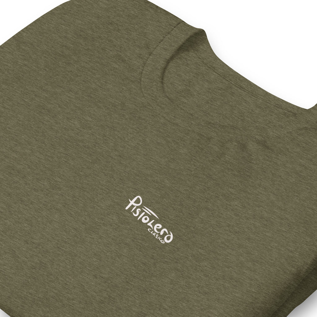 Open Range Heather Olive tee, Pistolero Clásico logo detail — Pistolero Clásico