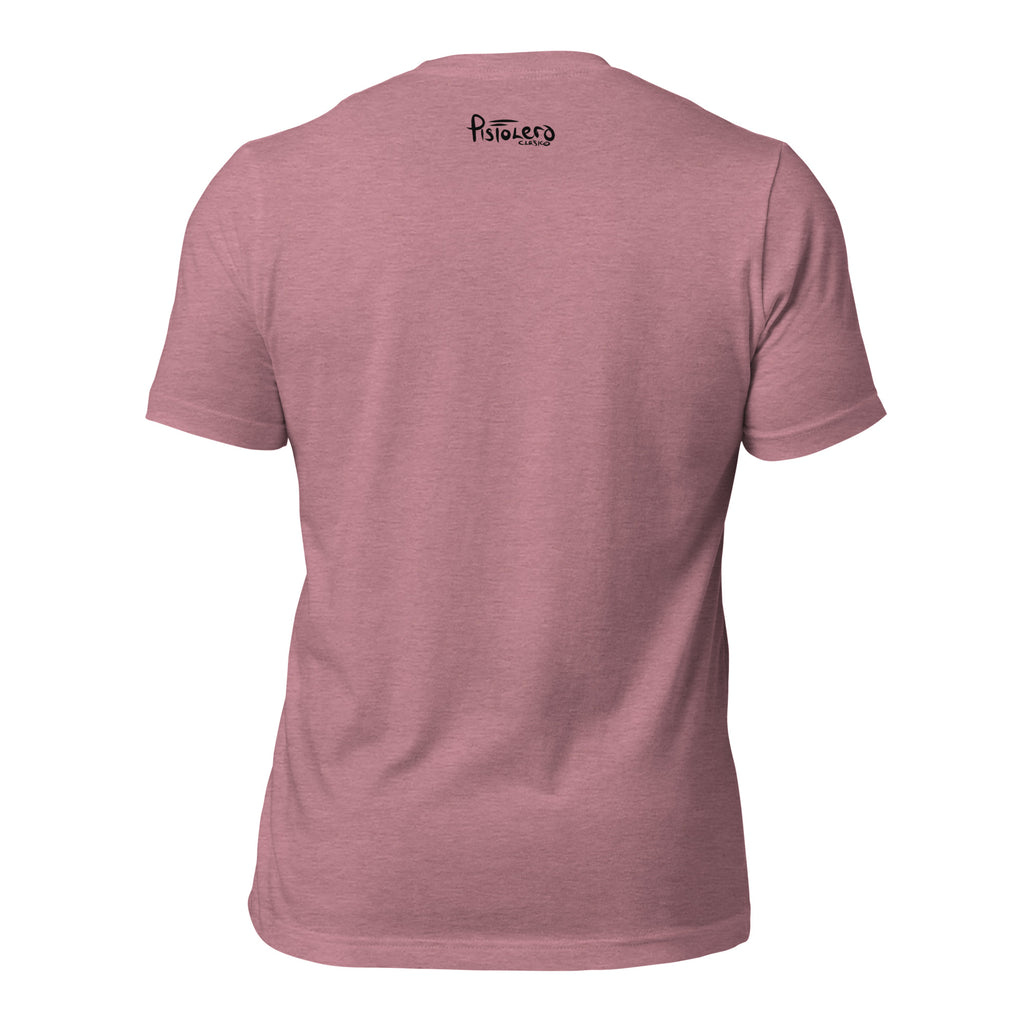 Blackie at Canoes Heather Orchid tee, back view with Pistolero Clásico logo — Pistolero Clásico