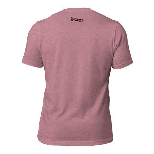 Blackie at Canoes Heather Orchid tee, back view with Pistolero Clásico logo — Pistolero Clásico