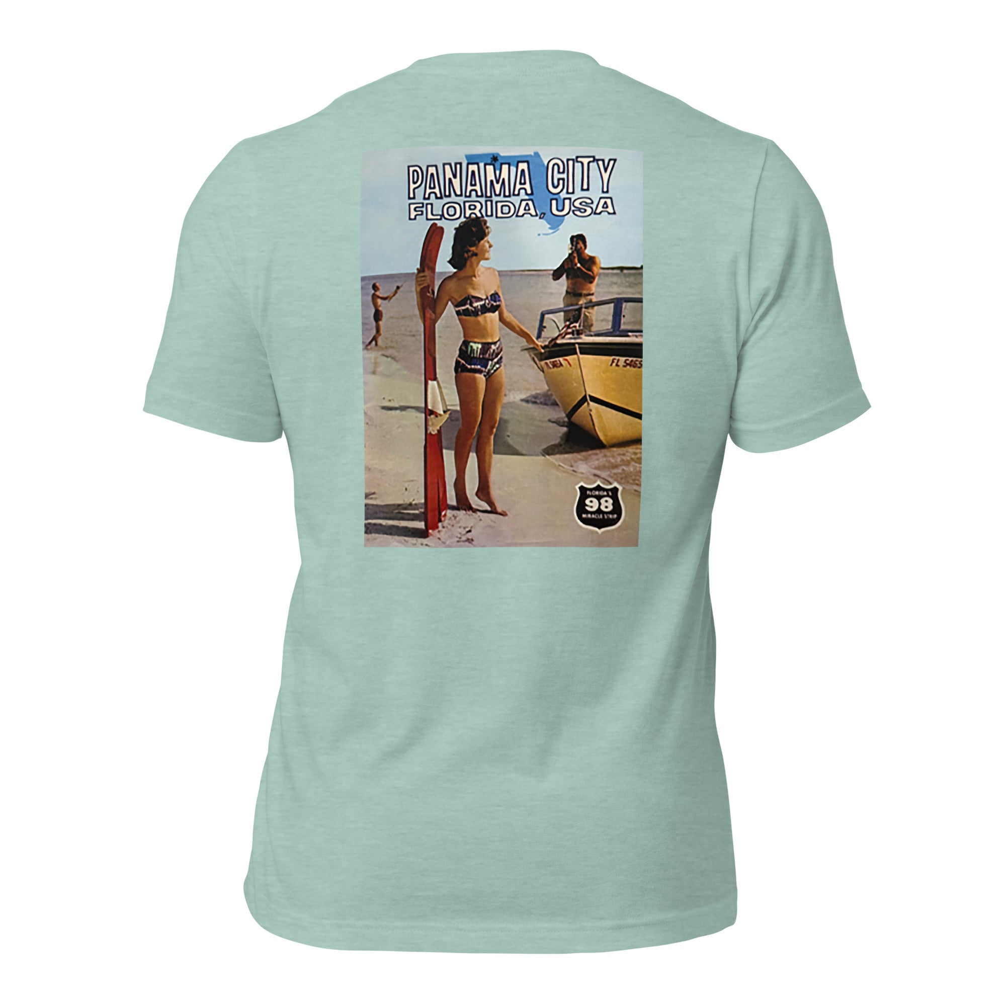 Panama City heather prism dusty blue tee — back graphic print — Pistolero Clásico