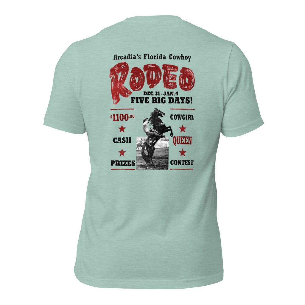 Arcadia Rodeo heather prism dusty blue tee — back graphic print — Pistolero Clásico