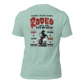Arcadia Rodeo heather prism dusty blue tee — back graphic print — Pistolero Clásico