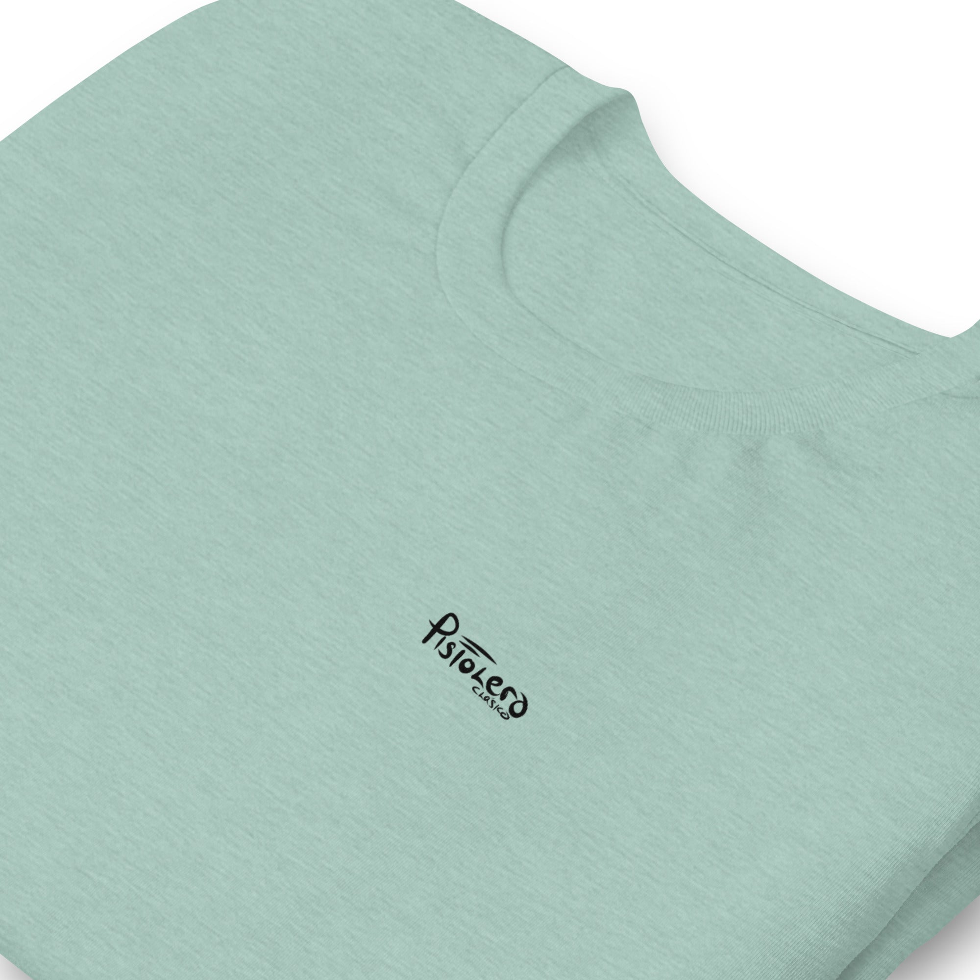 Panama City heather prism dusty blue tee — front Pistolero Clásico logo — Pistolero Clásico