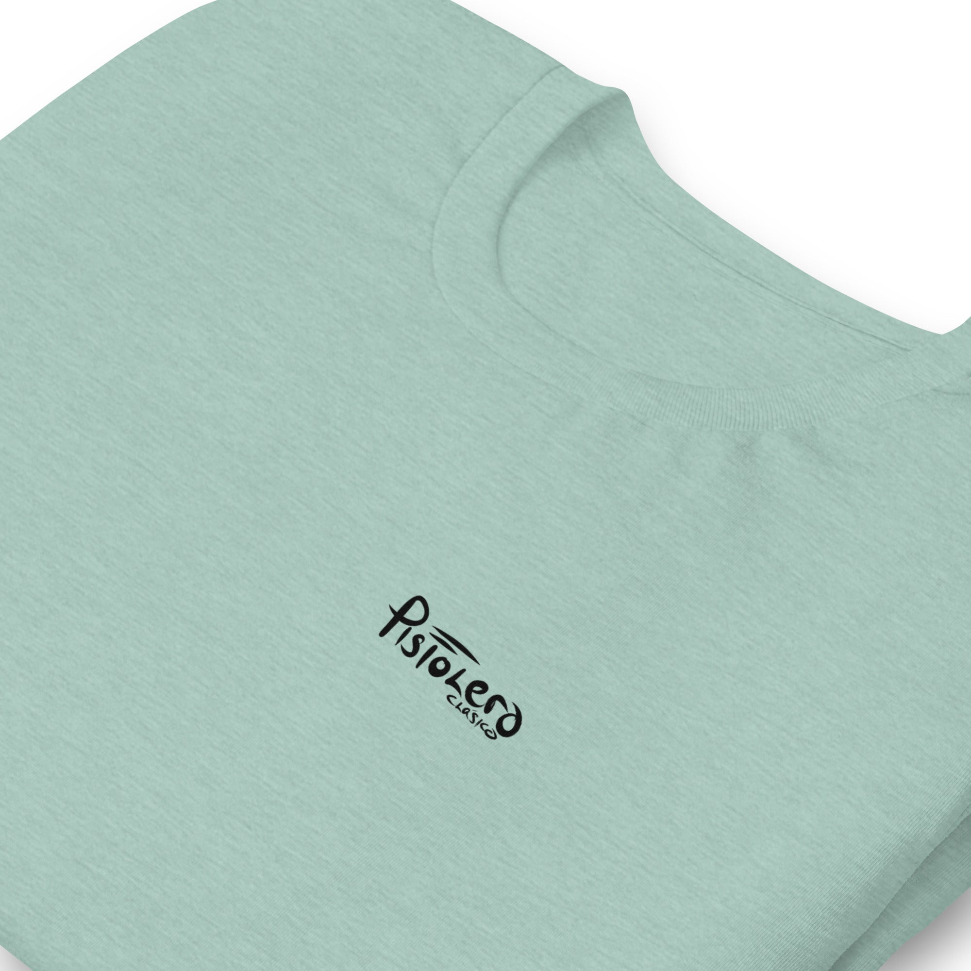 Clyde Keys heather prism dusty blue tee — front Pistolero Clásico logo — Pistolero Clásico