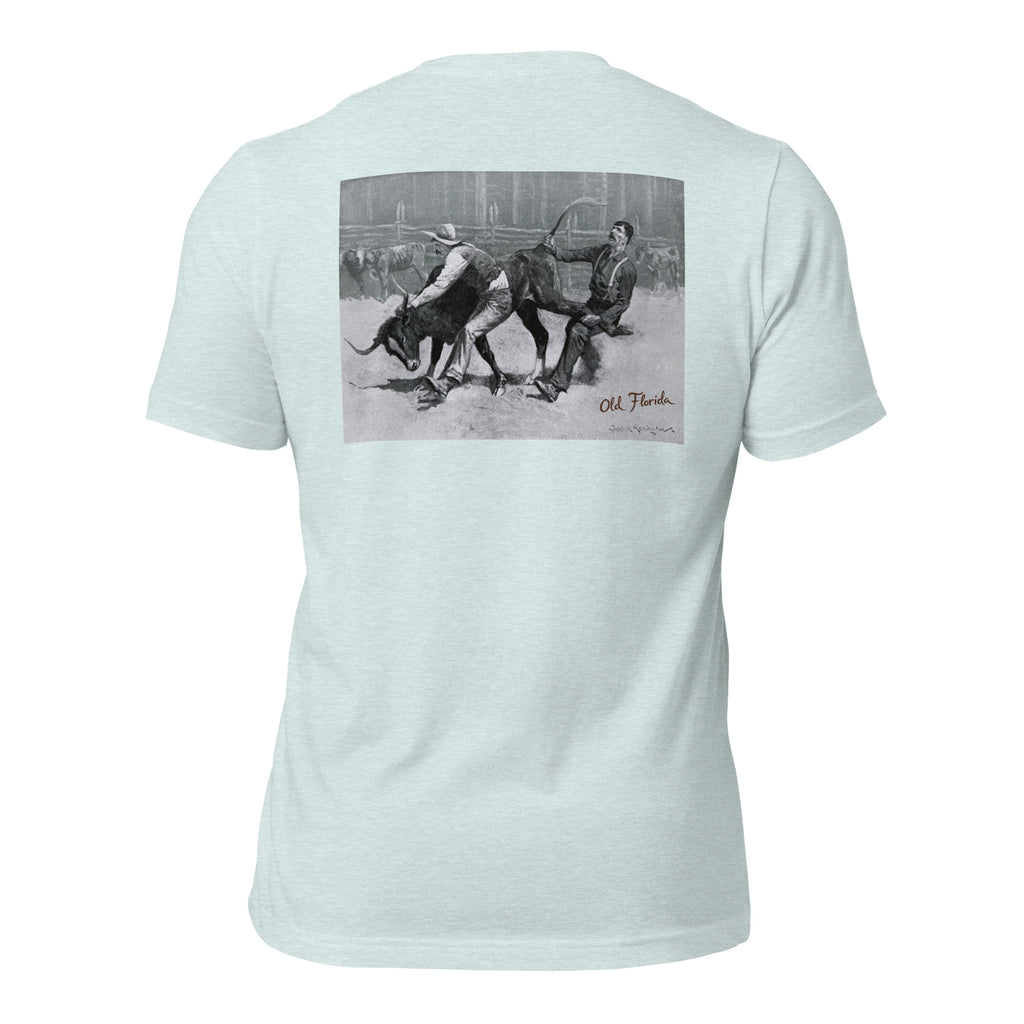Bull Wrestling heather prism ice blue tee — back graphic print — Pistolero Clásico

