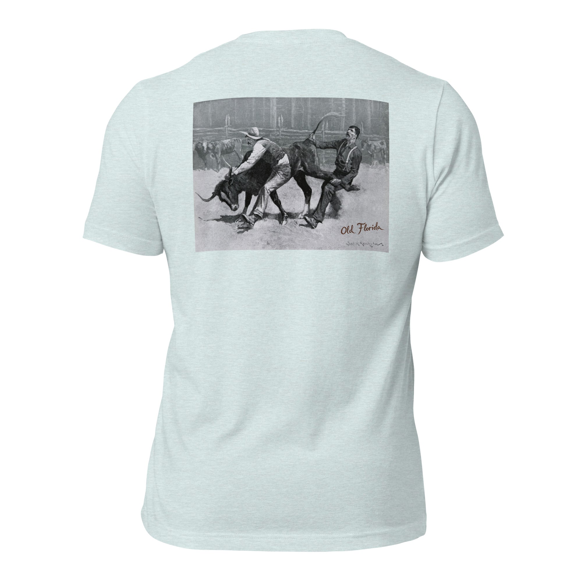 Bull Wrestling heather prism ice blue tee — back graphic print — Pistolero Clásico

