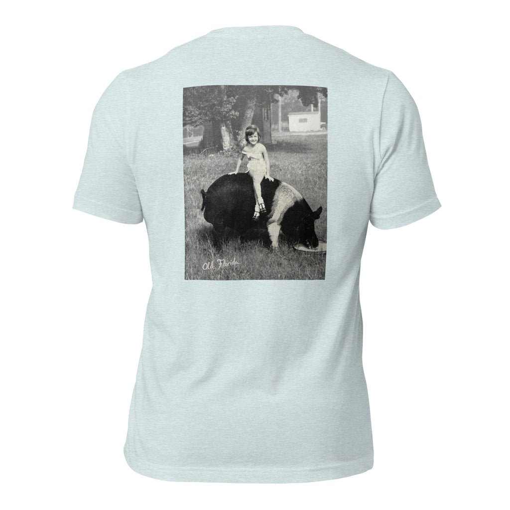 SuuWee heather prism ice blue tee — back graphic print detail — Pistolero Clásico