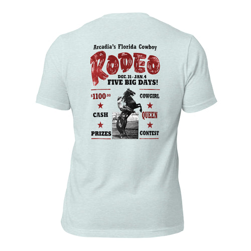 Arcadia Rodeo heather prism ice blue tee — back graphic print — Pistolero Clásico