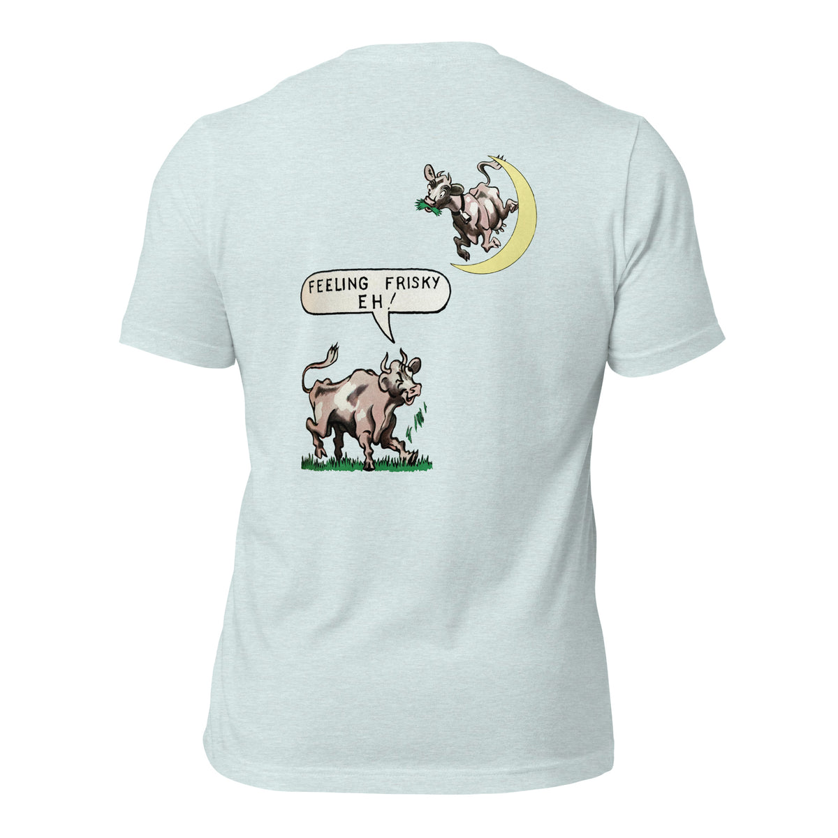 Frisky heather prism ice blue tee — back graphic print — Pistolero Clásico