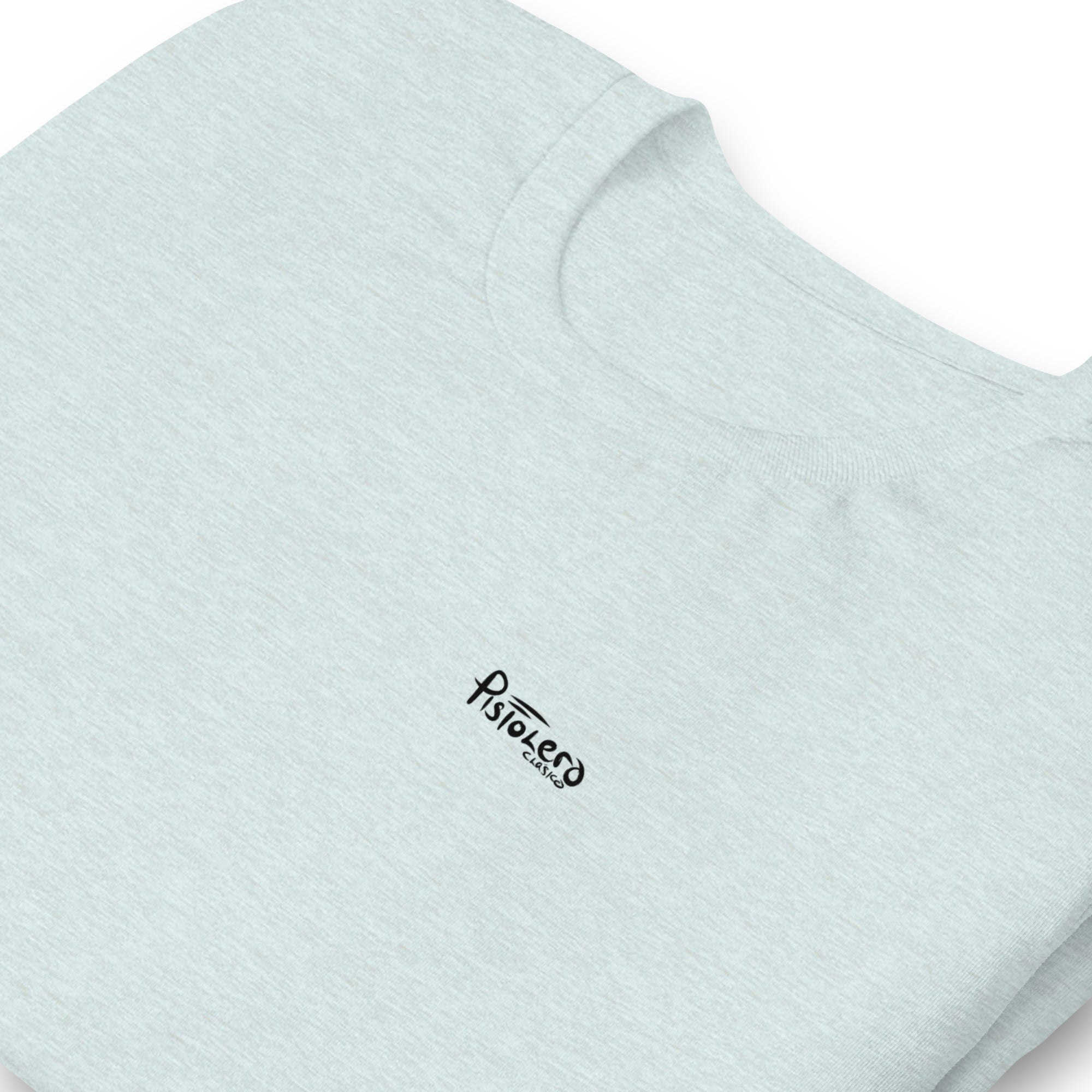 Bull Wrestling heather prism ice blue tee — front Pistolero Clásico logo — Pistolero Clásico