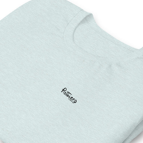 Bull Wrestling heather prism ice blue tee — front Pistolero Clásico logo — Pistolero Clásico