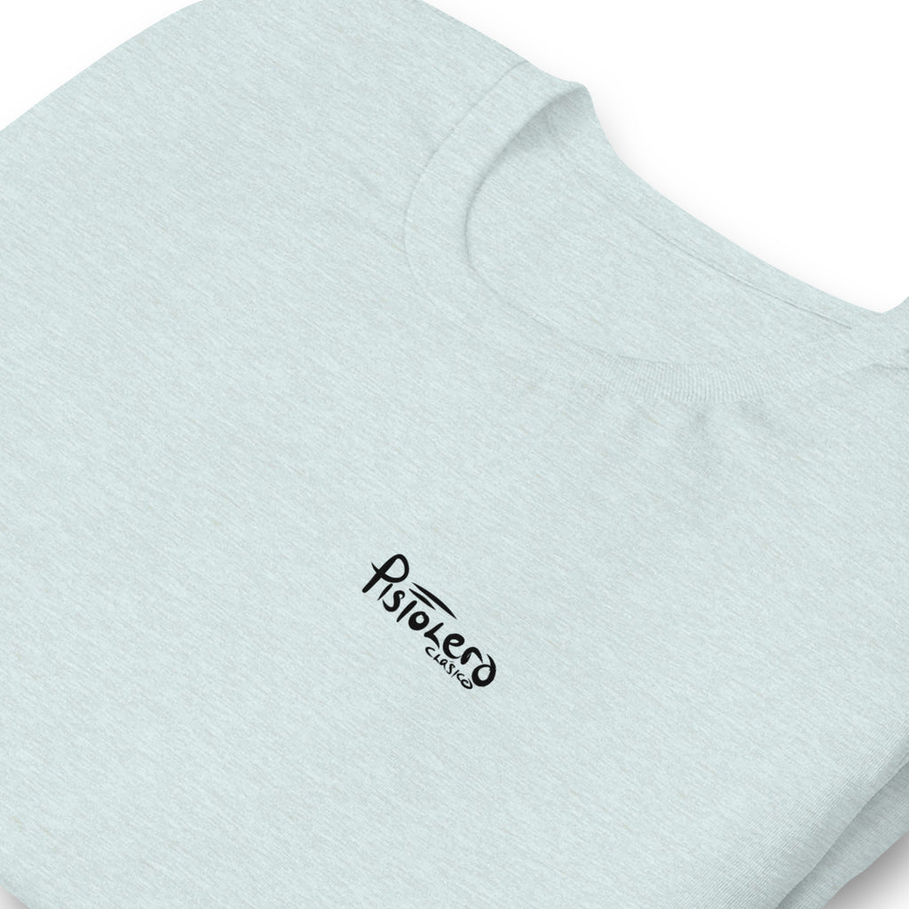 SuuWee heather prism ice blue tee — front Pistolero Clásico logo — Pistolero Clásico