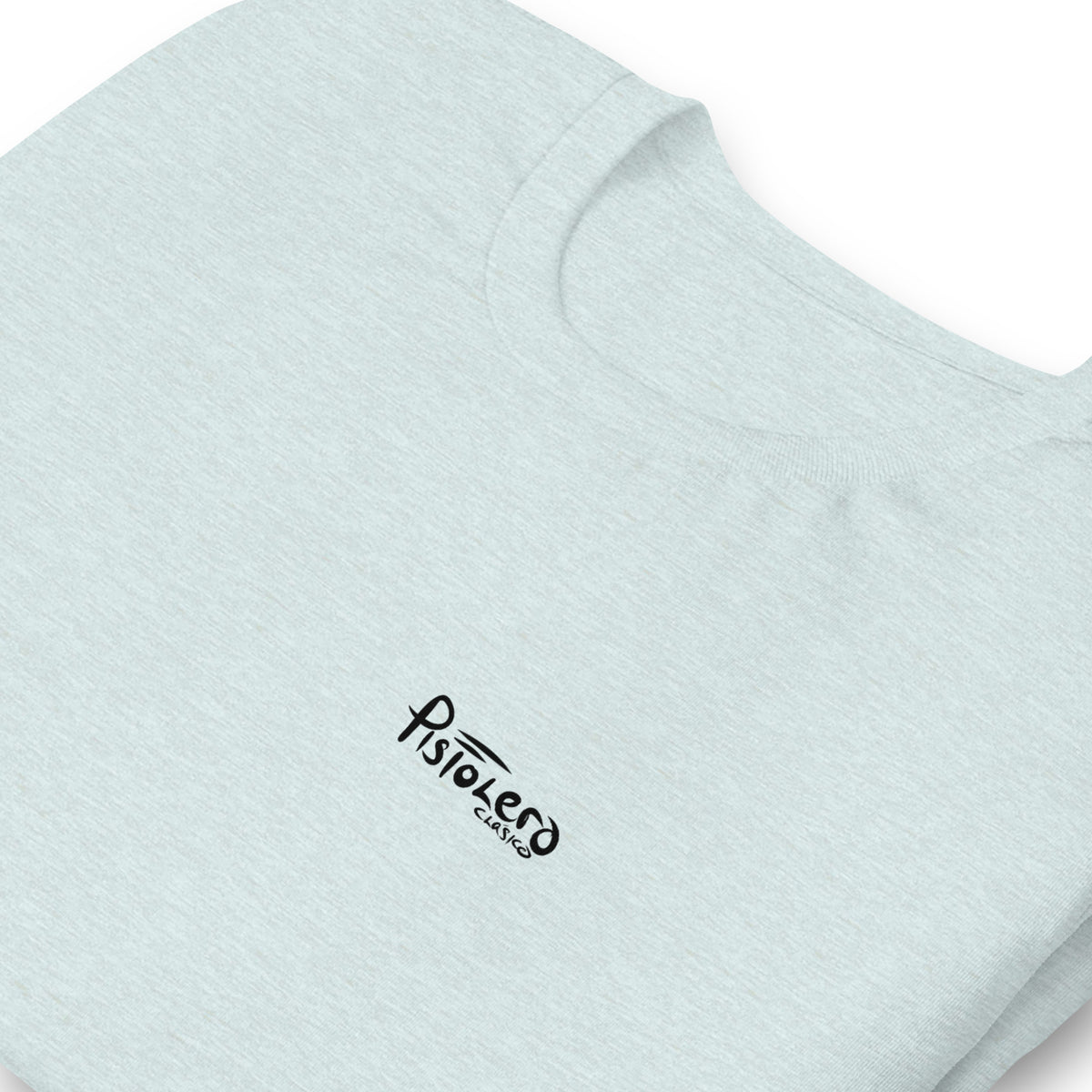 Arcadia Rodeo heather prism ice blue tee — front Pistolero Clásico logo — Pistolero Clásico
