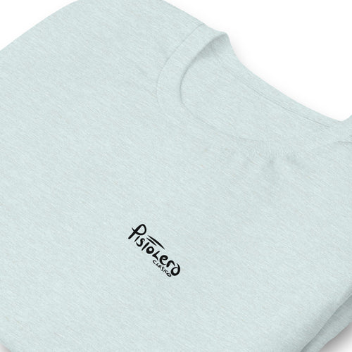 Arcadia Rodeo heather prism ice blue tee — front Pistolero Clásico logo — Pistolero Clásico