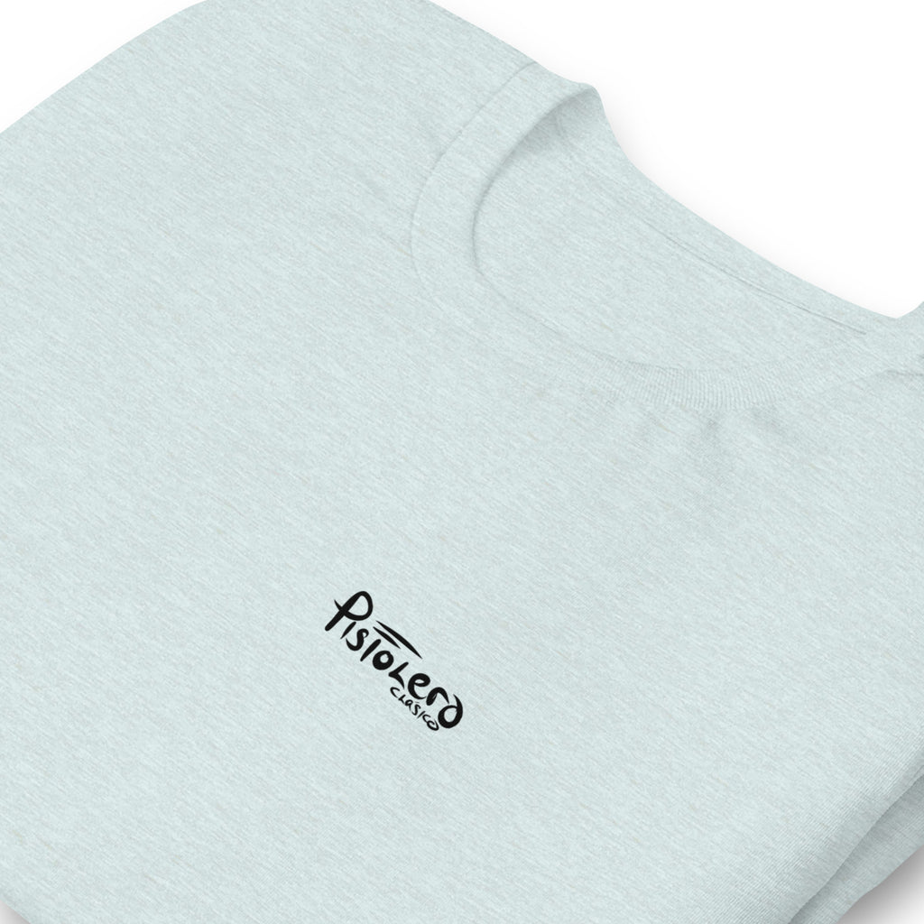Frisky heather prism ice blue tee — front Pistolero Clásico logo — Pistolero Clásico
