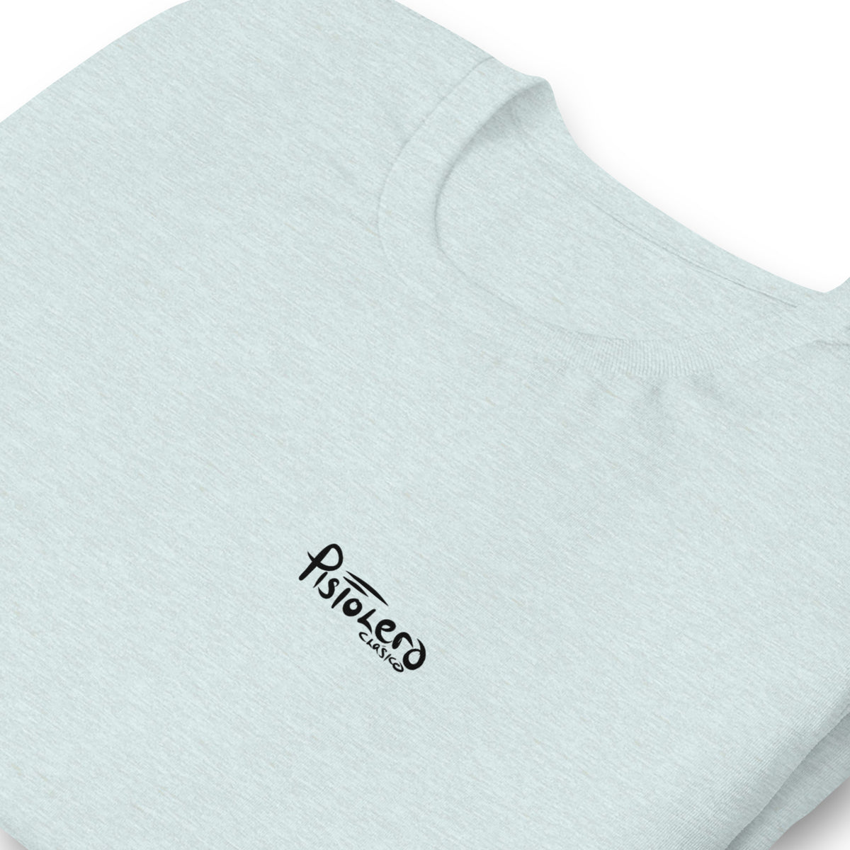 Frisky heather prism ice blue tee — front Pistolero Clásico logo — Pistolero Clásico