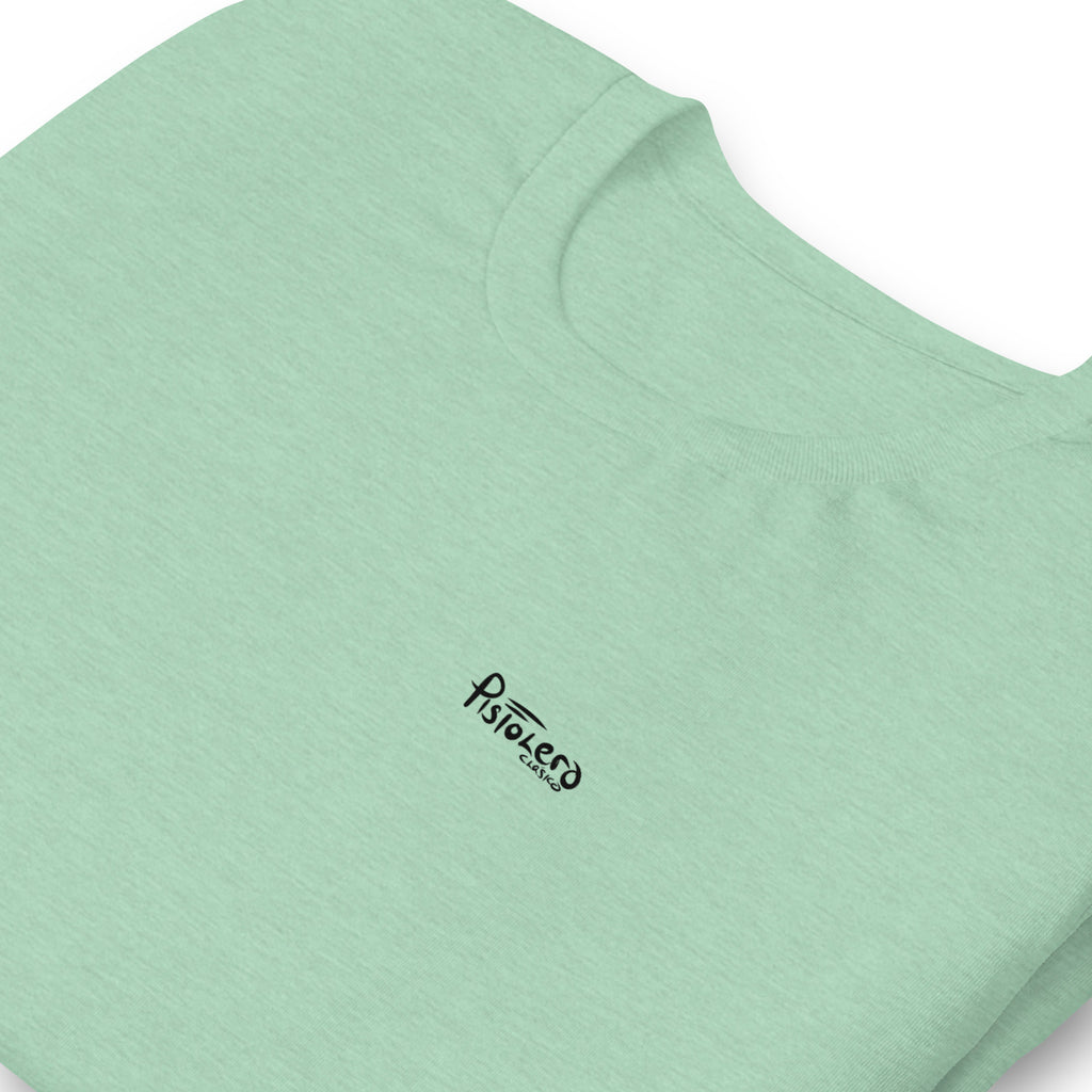 Rainbow heather prism mint tee — front Pistolero Clásico logo — Pistolero Clásico