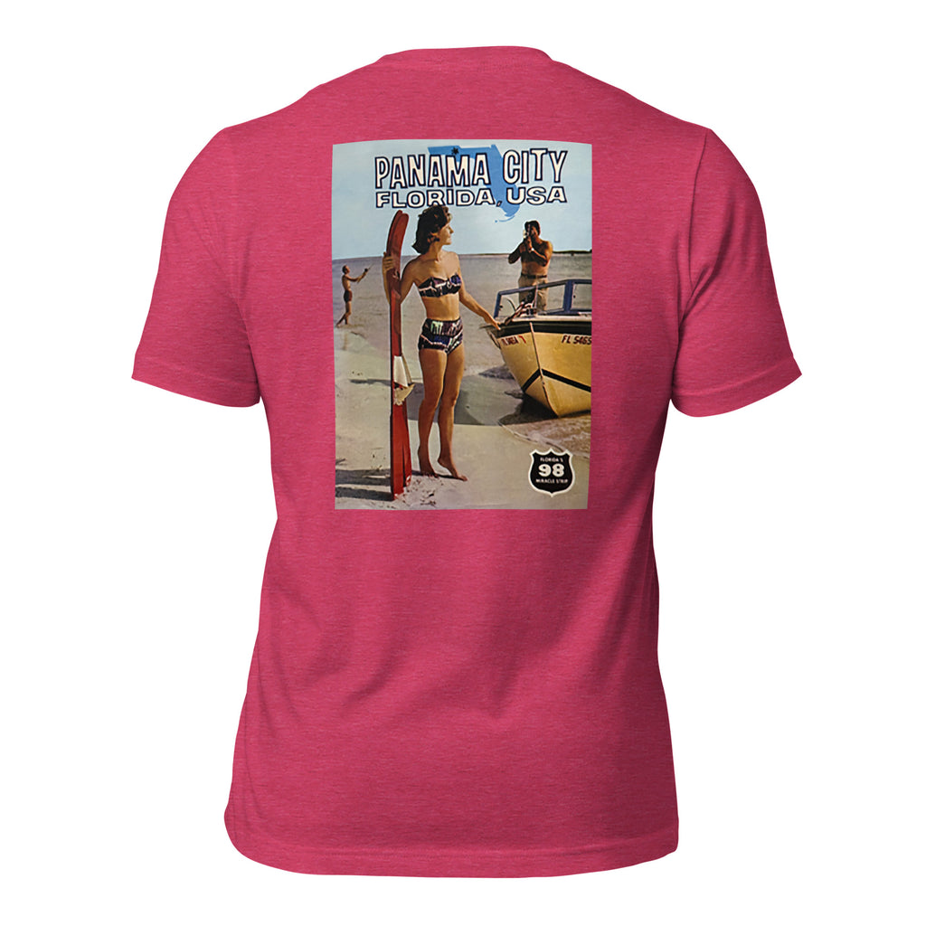 Panama City heather raspberry tee — back graphic print — Pistolero Clásico