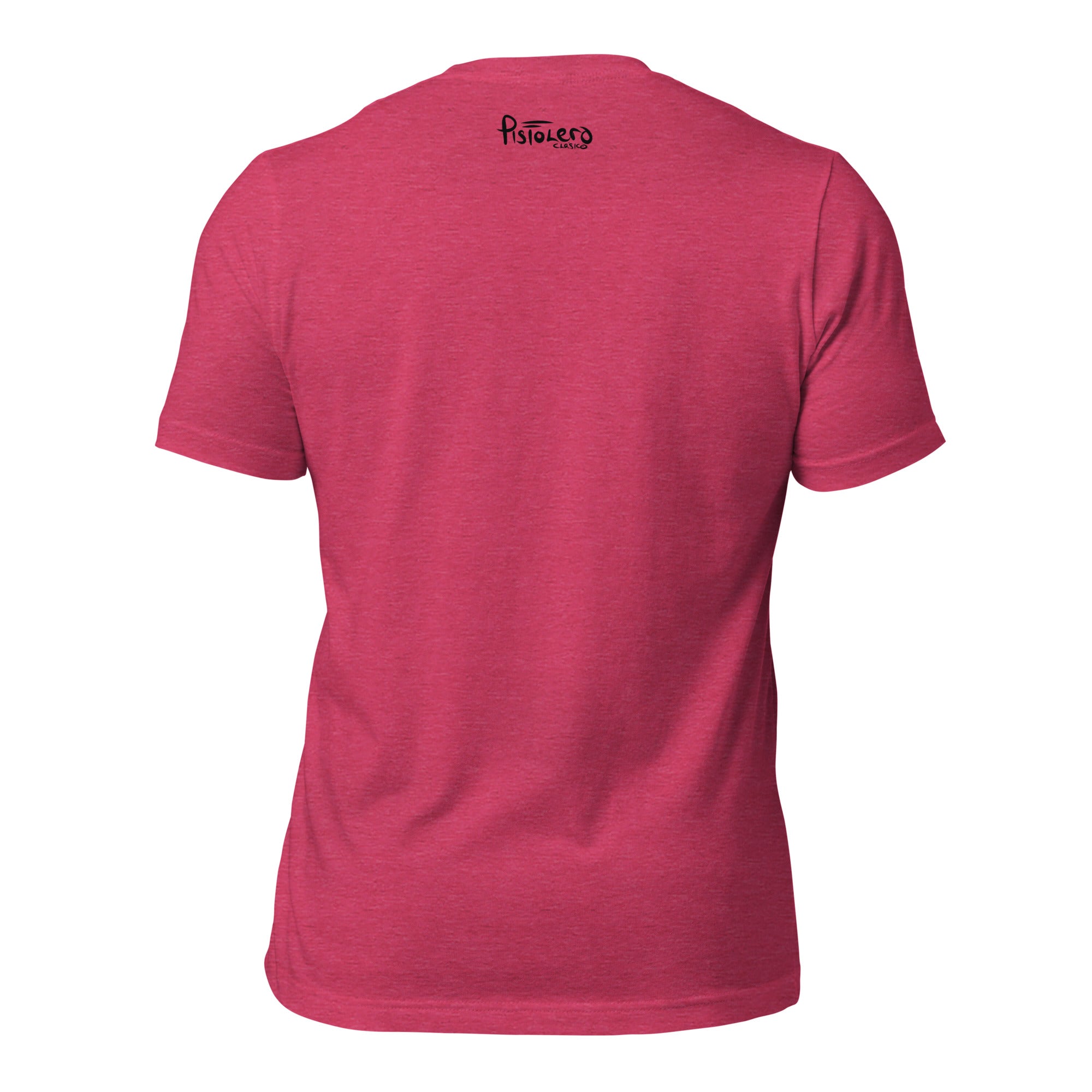 Sail Fish heather raspberry tee — back Pistolero Clásico logo — Pistolero Clásico